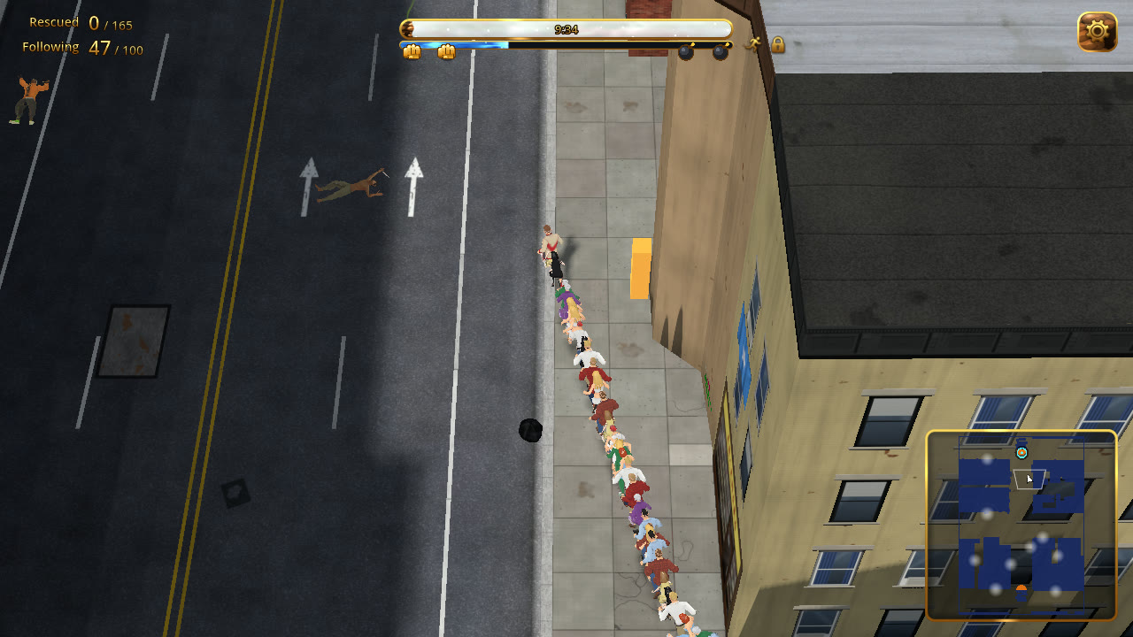 A long line of patriots following the hero down a sidewalk